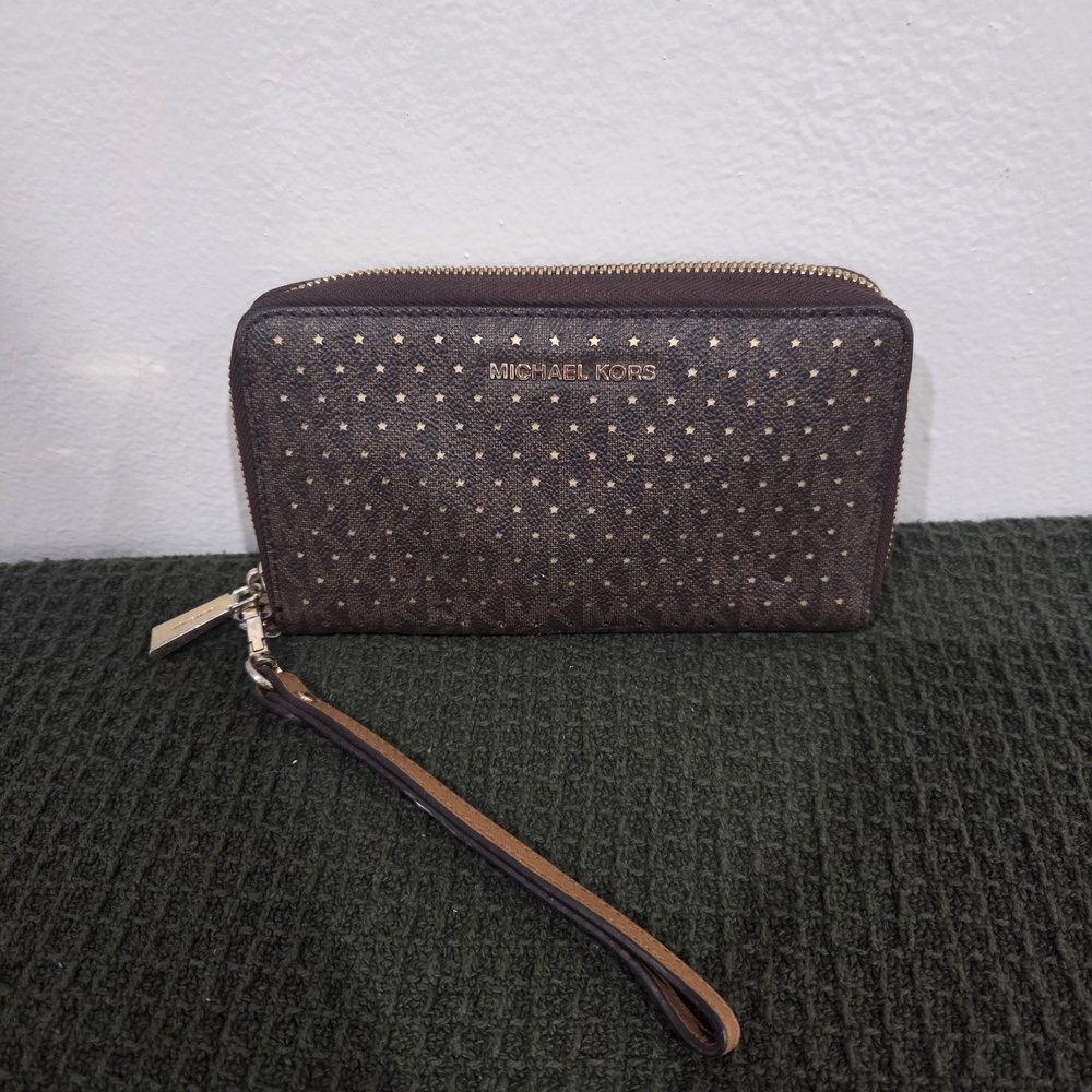 Michael Kors Dark Brown Wristlet with Gold Studs